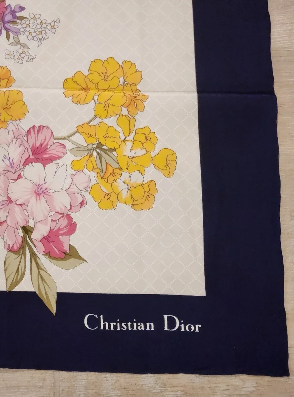 Vintage Christian Dior Silk Floral Scarf Navy Blue Border